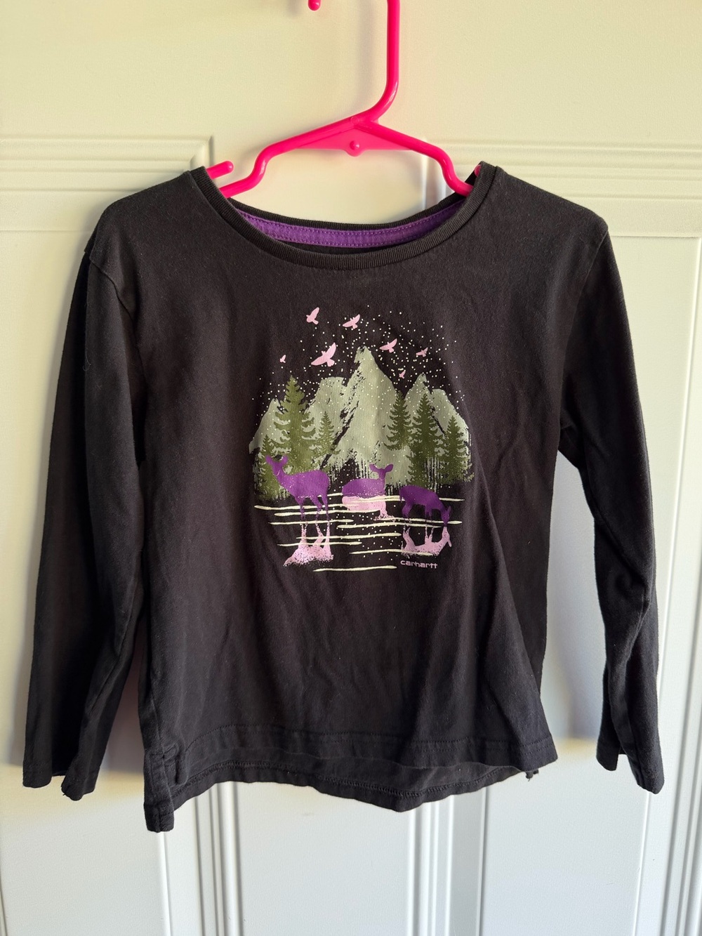 Carhartt Girls' Black Long-Sleeve Graphic Tee with Purple Deer size 4T